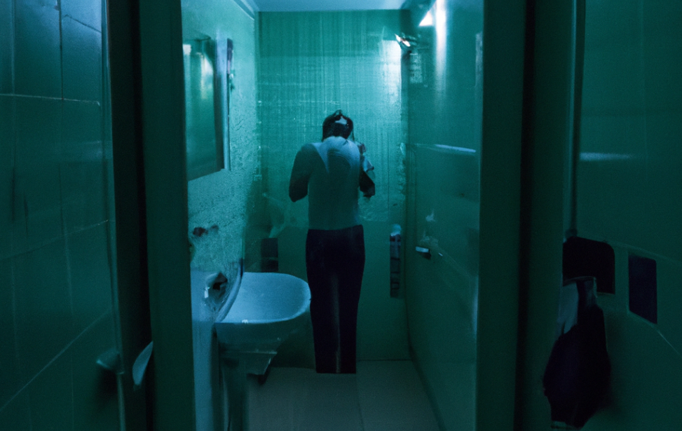 dall·e 2023-04-21 11.27.59 - a man shaving in the bathroom at the end of a corridor, dark and greenish blueish, wide shot.png